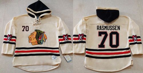 Blackhawks #70 Dennis Rasmussen Cream Heavyweight Pullover Hoodie Stitched NHL Jersey - Click Image to Close